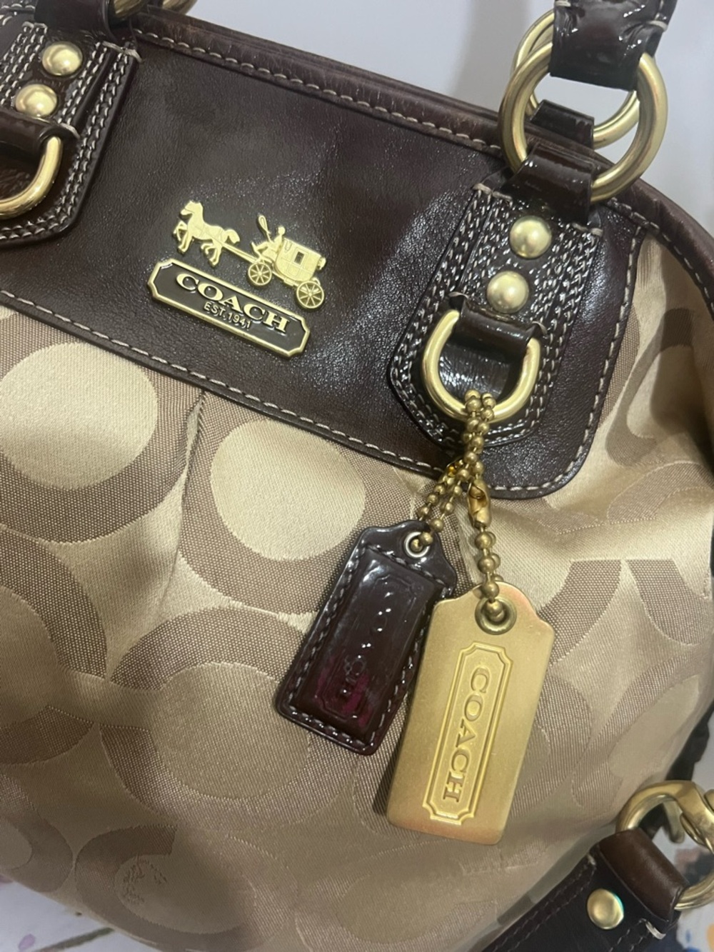 Coach signature tote with brown patent leather accents - Picture 3 of 3